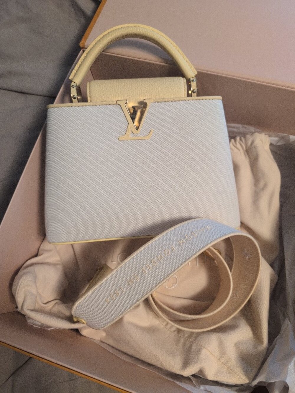LOUIS VUITTON Capucines BB Handbag White Canvas and Yellow Leather